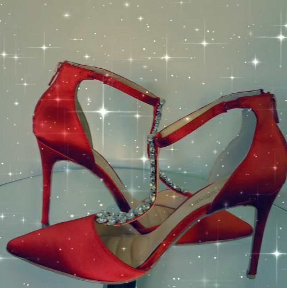 Red Badgley Mischka Rhinestone T-strap dress shoe.